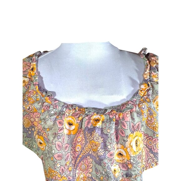 Good Luck Gem Floral Ruffled Blouse 100% Cotton Short Puff Sleeves Boho Chic - Picture 6 of 10